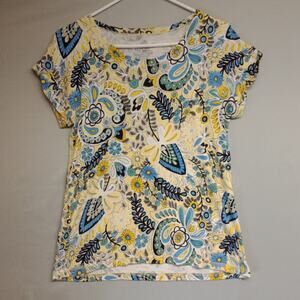 T by Talbots Top Womens Small Yellow Floral Paisley Stretch Rayon Blend Top